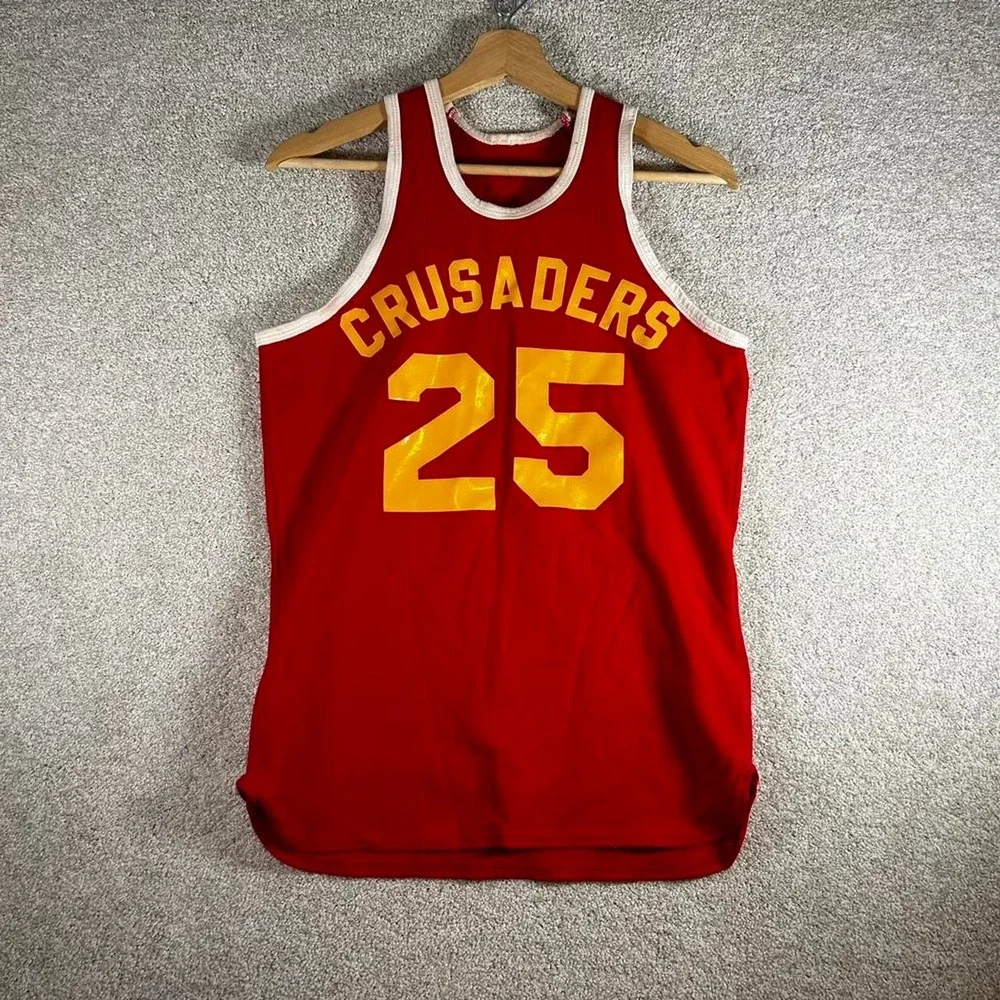 Vintage 80s red and yellow poly/rayon blend track and field tank top